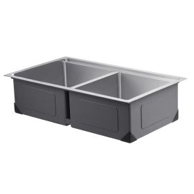 33 inch Kitchen Sink Workstation, 304 Stainless Steel Undermount Sink, Drop-In Double Bowl Farmhouse Basin with Ledge & Multiple Accessories